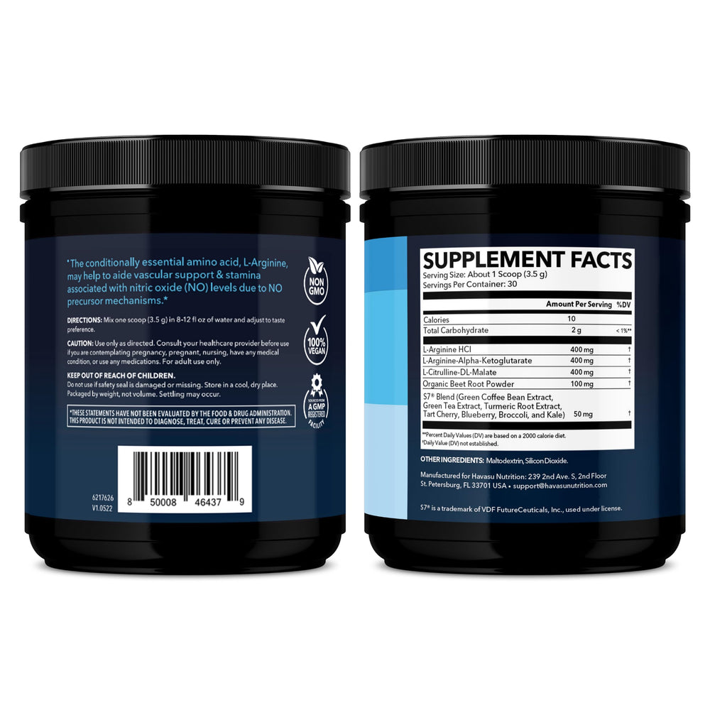 HAVASU NUTRITION L-Arginine powder vegan ingredients highlight plant-based option.