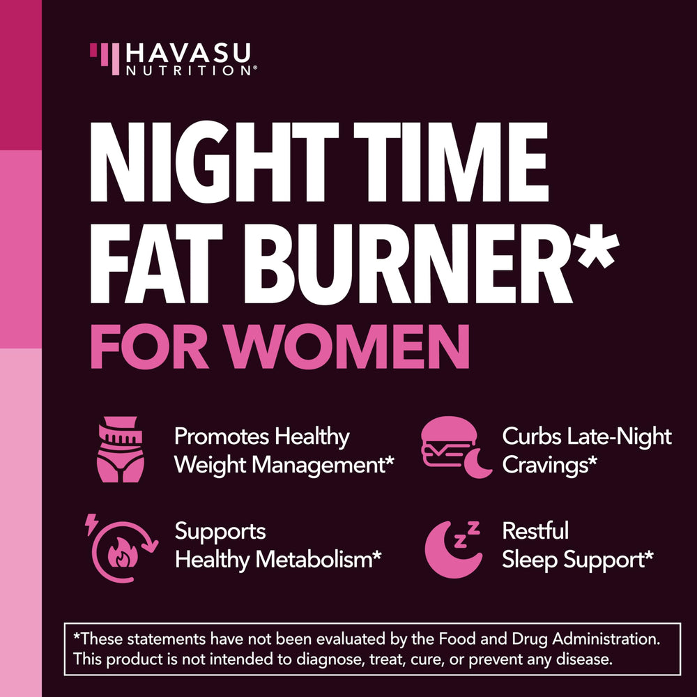 HAVASU Nutrition Night Time Fat Burner label highlighting melatonin and herbal blend