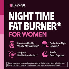 HAVASU Nutrition Night Time Fat Burner label highlighting melatonin and herbal blend
