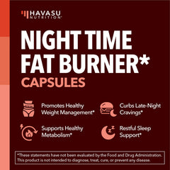 HAVASU NUTRITION night-time fat burner pills close-up showing capsules for late-night support