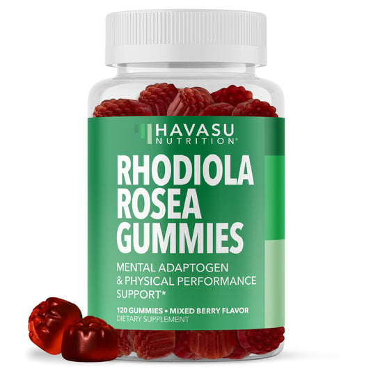 HAVASU NUTRITION Rhodiola Gummies bottle on shelf supports daily focus.