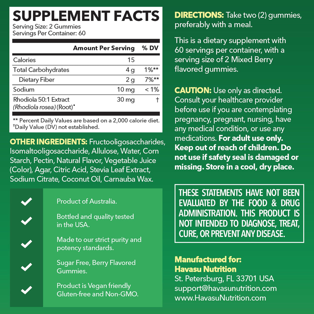HAVASU NUTRITION Rhodiola Gummies closeup highlights mixed berry flavor.
