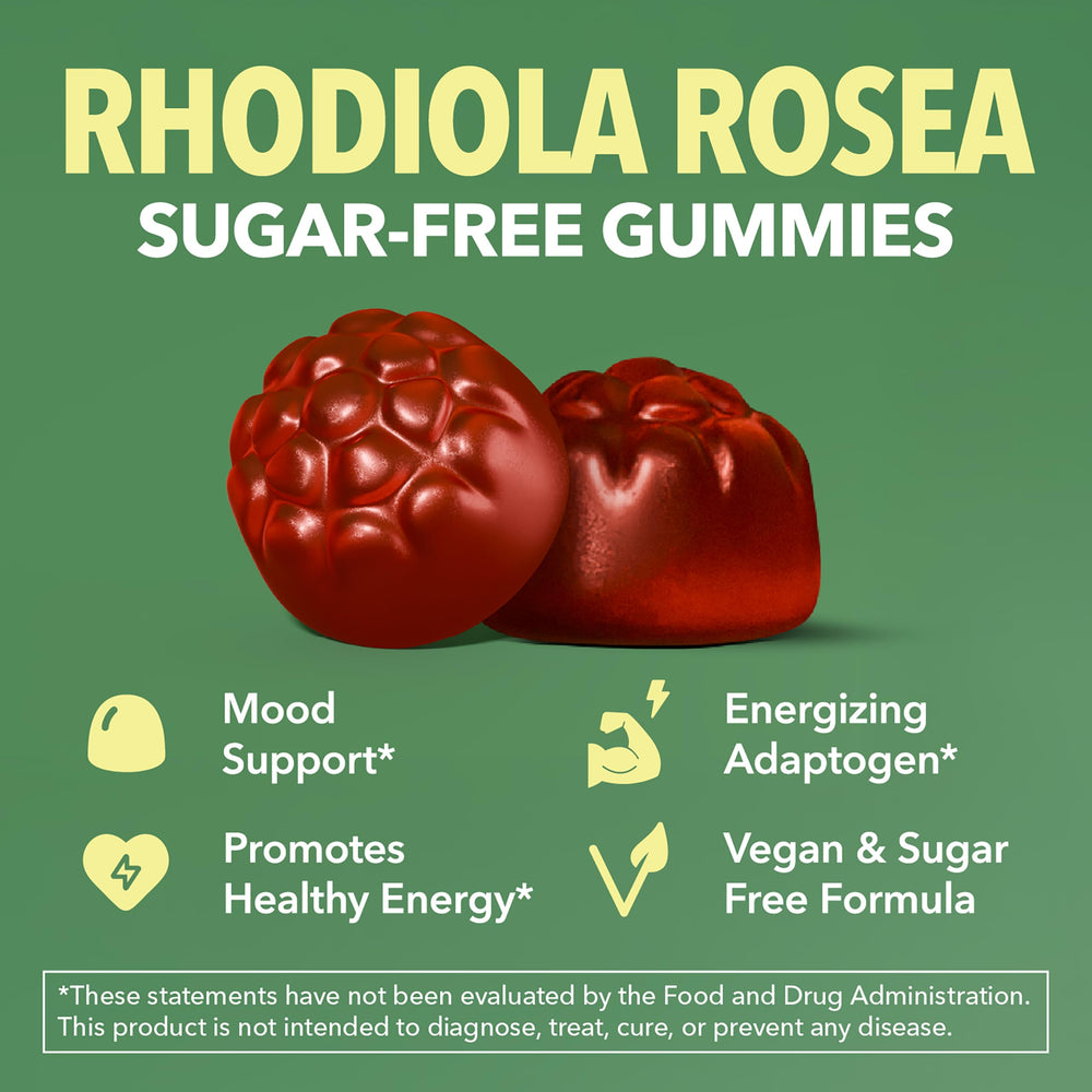 HAVASU NUTRITION Rhodiola Gummies dispensing jar highlights sugar-free vegan gluten-free benefits.