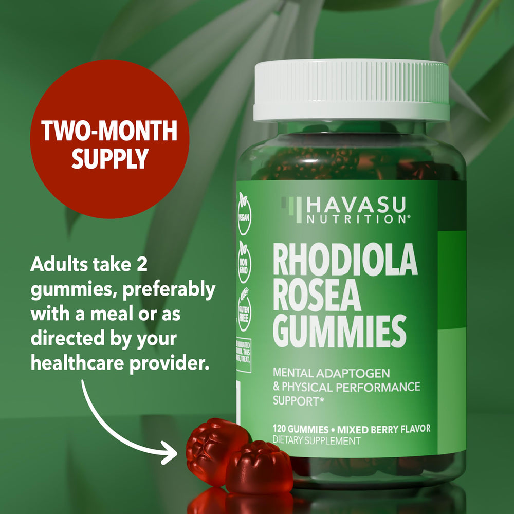 HAVASU Rhodiola Gummies packshot back highlights ingredients and certifications.