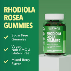 HAVASU NUTRITION Rhodiola Gummies vegan gluten-free label close-up.