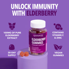 Ingredient panel shows vitamin C and zinc in HAVASU Sambucus gummies