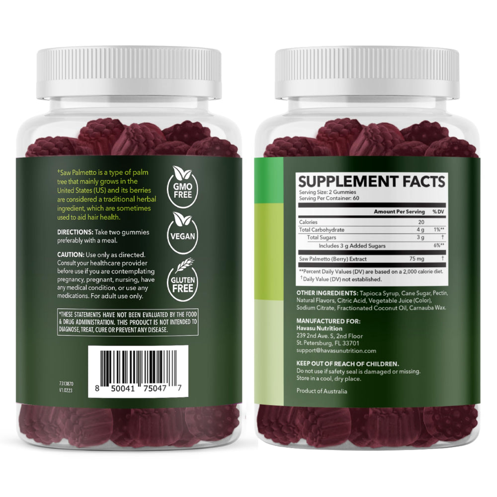 HAVASU Nutrition Saw Palmetto Gummies flavor illustration highlighting raspberry taste.