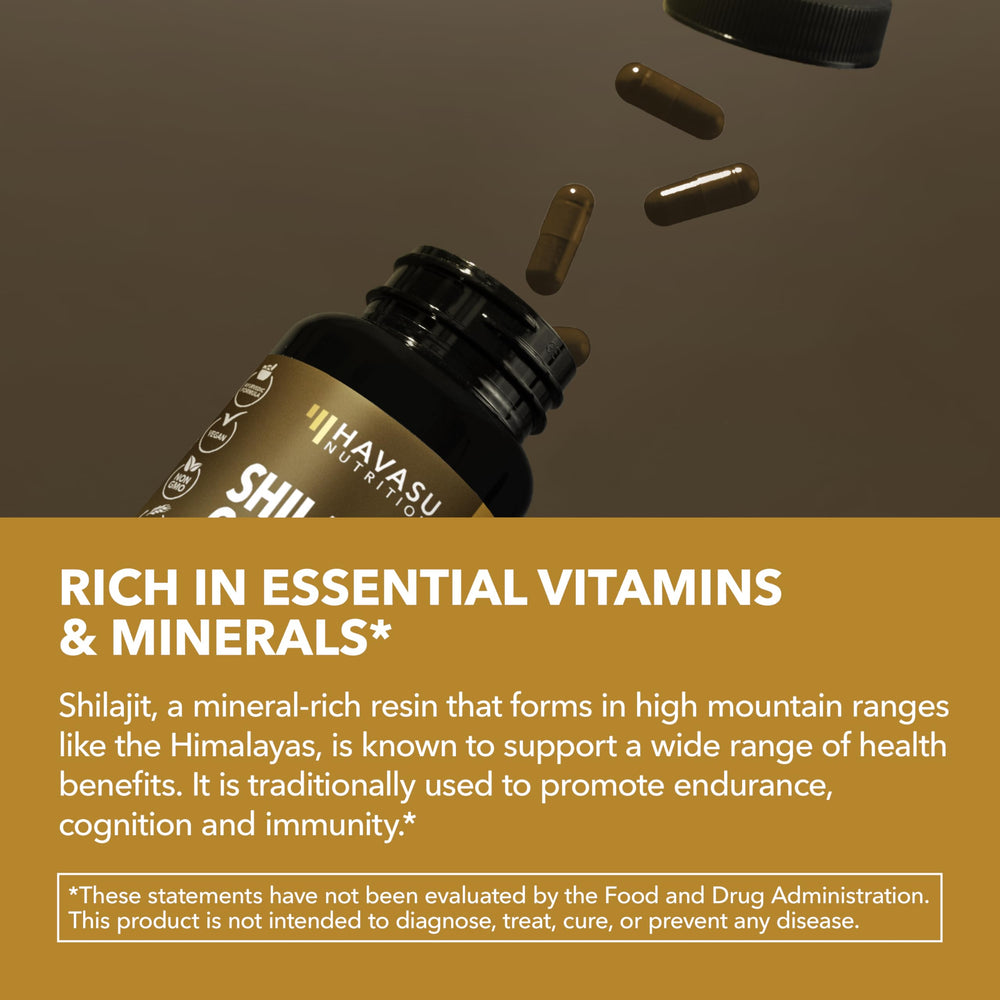Havasu Shilajit Capsules label detail highlighting 20% fulvic acid content.