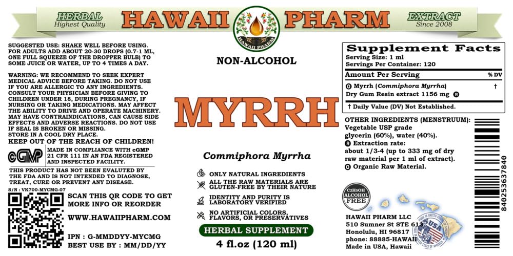 Hawaii Pharm Myrrh bottle label highlights organic, alcohol-free glycerite ingredients