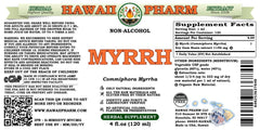 Hawaii Pharm Myrrh bottle label highlights organic, alcohol-free glycerite ingredients