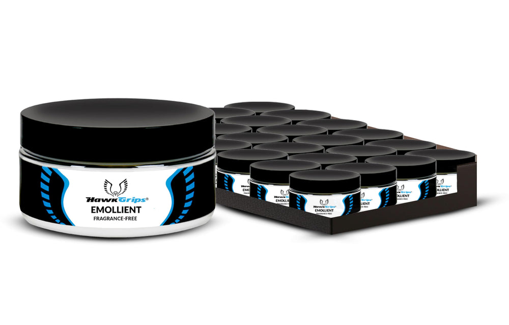 HawkGrips 8oz emollient unscented bottle pour for professional glide during massage sessions.