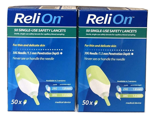 Haylos ReliOn safety lancets with 6-inch tote for on-the-go testing.