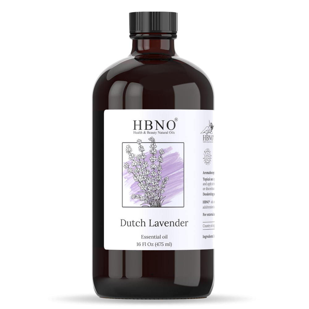 HBNO Lavender Dutch Oil bottle in a glass 16 oz container preserves freshness for DIY skin and hair formulas.