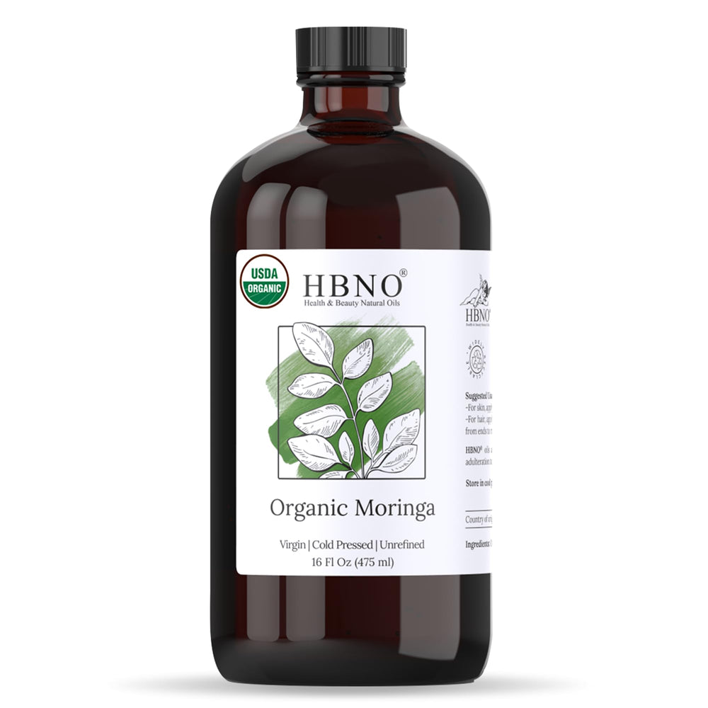 HBNO Organic Moringa Oil 16oz bottle showcases premium glass packaging for freshness and protection.