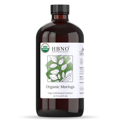 HBNO Organic Moringa Oil 16oz bottle showcases premium glass packaging for freshness and protection.