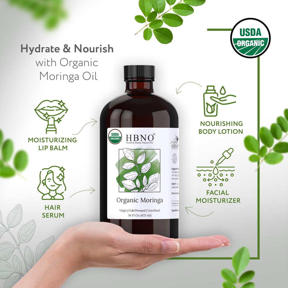 HBNO Organic Moringa Oil glass bottle with dropper for easy, precise application.