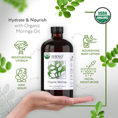 HBNO Organic Moringa Oil glass bottle with dropper for easy, precise application.