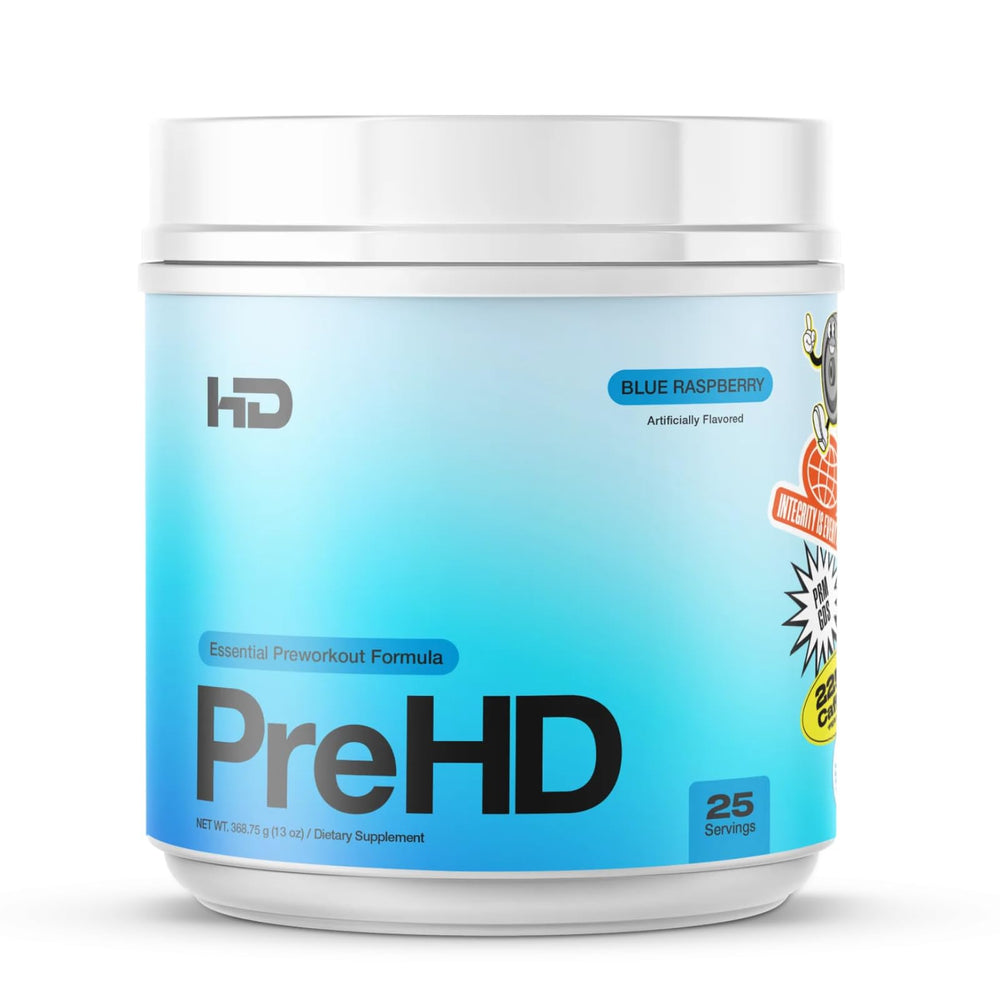 HD MUSCLE PreHD Essential blue raspberry tub for sustained energy during workouts.