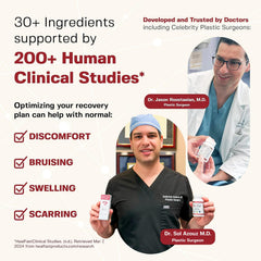 HealFast surgery-safe recovery vitamin label emphasizes surgeon-approved nutrition for post-op care.