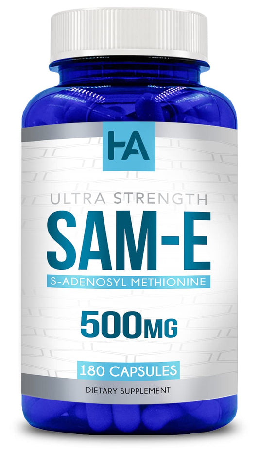 Healing Awakening SAM-e 500mg bottle showing premium mood and joint support potential.