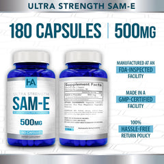 Healing Awakening SAM-e veggie capsules in bottle showcase convenient daily dosage.
