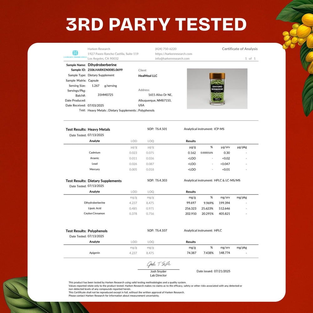 HealMeal Dihydroberberine with apigenin label indicates botanical support