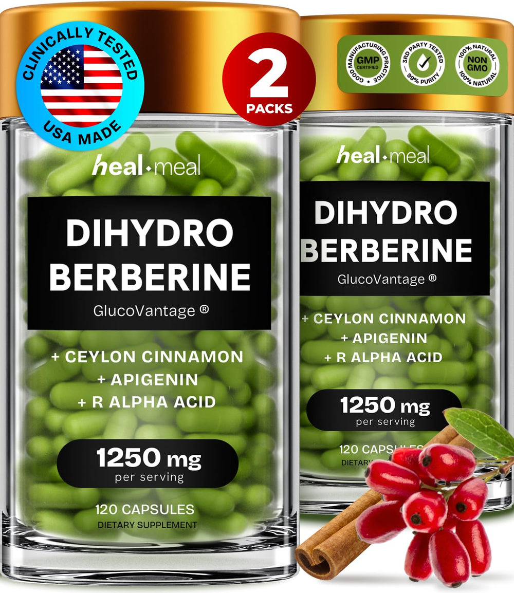 HealMeal Dihydroberberine bottle showing easy daily use with compact capsules