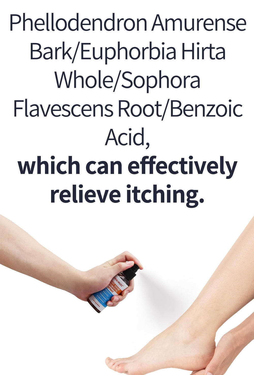 HEALMUSZ Foot Fungus Spray application on foot demonstrates quick odor relief.