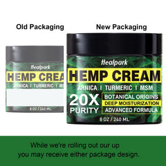 Healpark Hemp Cream label detail shows Arnica and Menthol ingredients