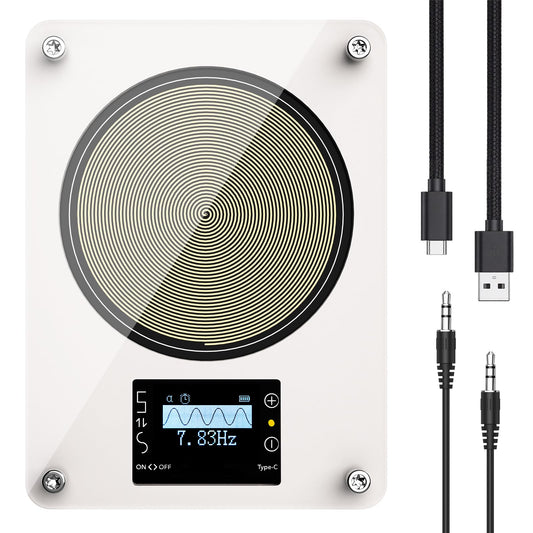 HealPul rechargeable Schumann generator front view on nightstand for calm evenings.
