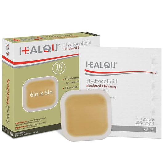 Healqu hydrocolloid dressing box front view for at-home wound care.