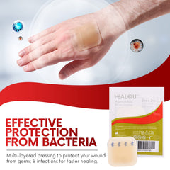 Healqu hydrocolloid dressing box side view highlighting sterile packaging.