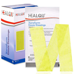 Healqu Xeroform dressing in sterile packaging for ready-to-use wound care.