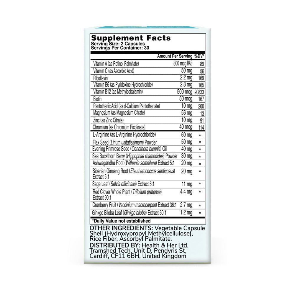 Health & Her menopause ashwagandha capsule close-up signals adaptogen support.
