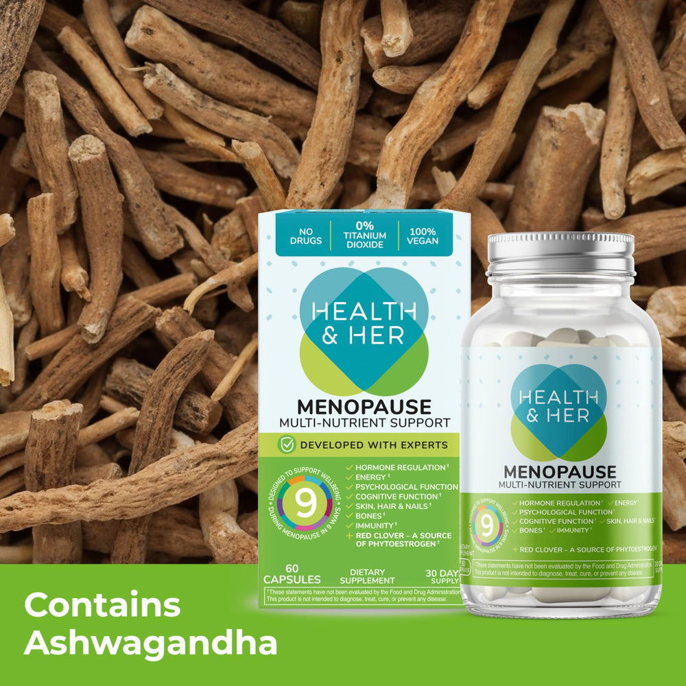 Health & Her menopause sage shot suggests calming mood balance.