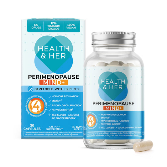 Health and Her Mind+ bottle front for perimenopause support