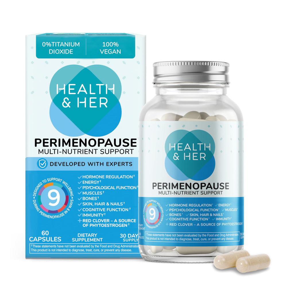 Health and Her Perimenopause bottle on white background for daily wellbeing support.