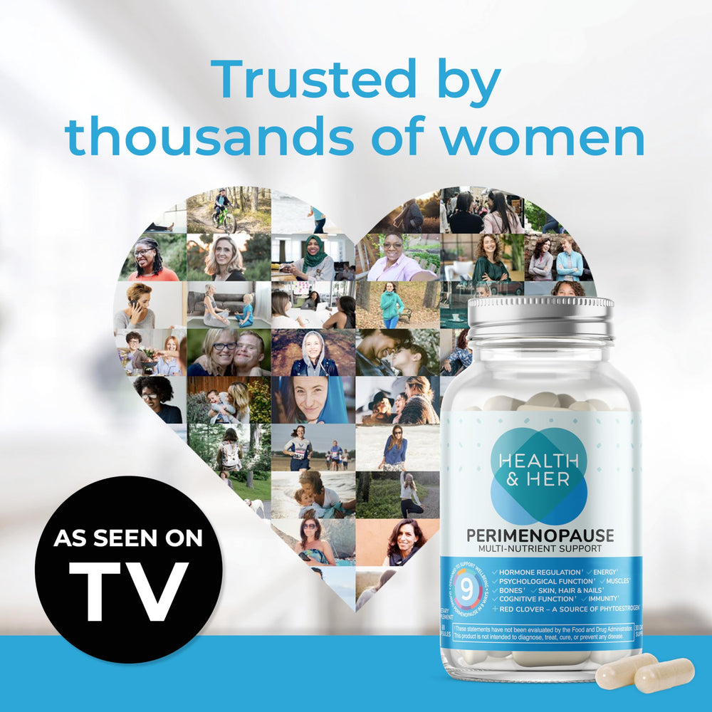 Close-up of Health and Her Perimenopause capsules highlighting plant-based ingredients.