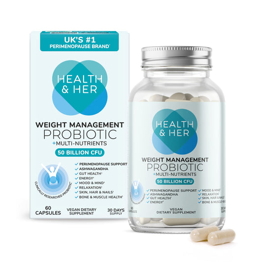 Health and Her weight management probiotics bottle supports gut balance and daily wellness.