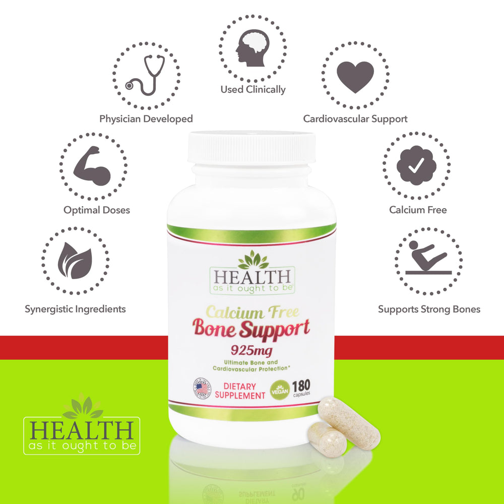 Health As It Ought To Be Calcium Free Bone Support capsules, easy-to-take daily supplement for bone health.