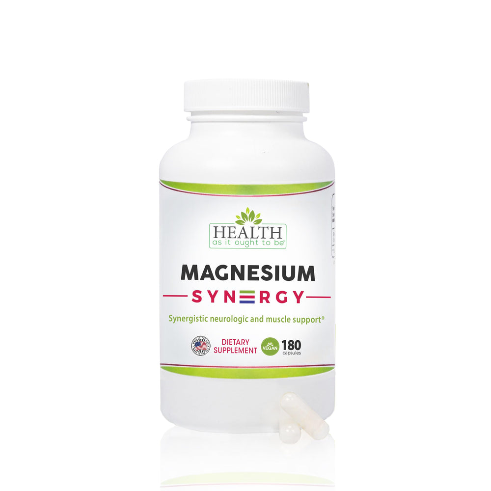Health As It Ought To Be Magnesium Syn3rgy bottle showing the tri-form blend for balanced wellbeing.