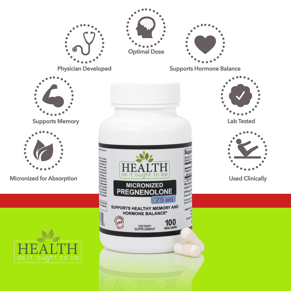 Health As It Ought To Be pregnenolone bottle with purity-tested label.