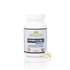 Health As It Ought To Be Vitamin K2 MK-7 bottle on wood supports bone and heart health