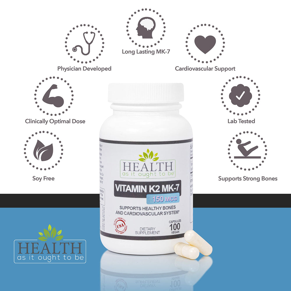 Health As It Ought To Be Vitamin K2 MK-7 label closeup shows dosage and soy-free claim