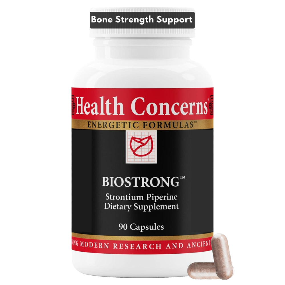 Health Concerns BioStrong bottle closeup showing bone support in daily life