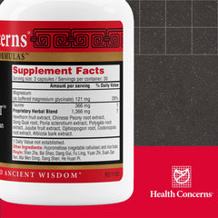 Health Concerns Calm Spirit capsules close-up highlights magnesium and hawthorn ingredients for calming effects