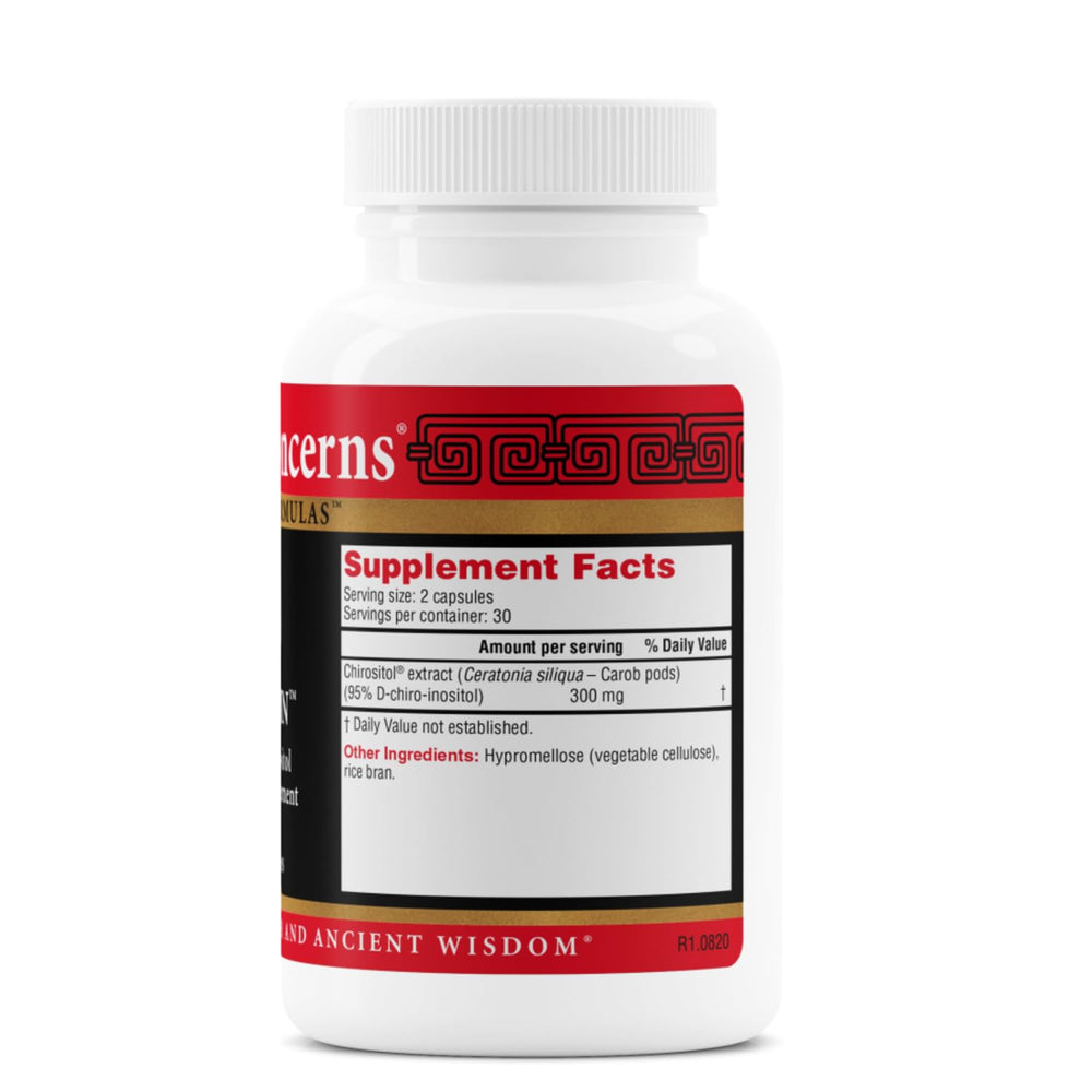 Health Concerns Chiroin capsules close-up highlighting carob-derived D-chiro-inositol benefits.