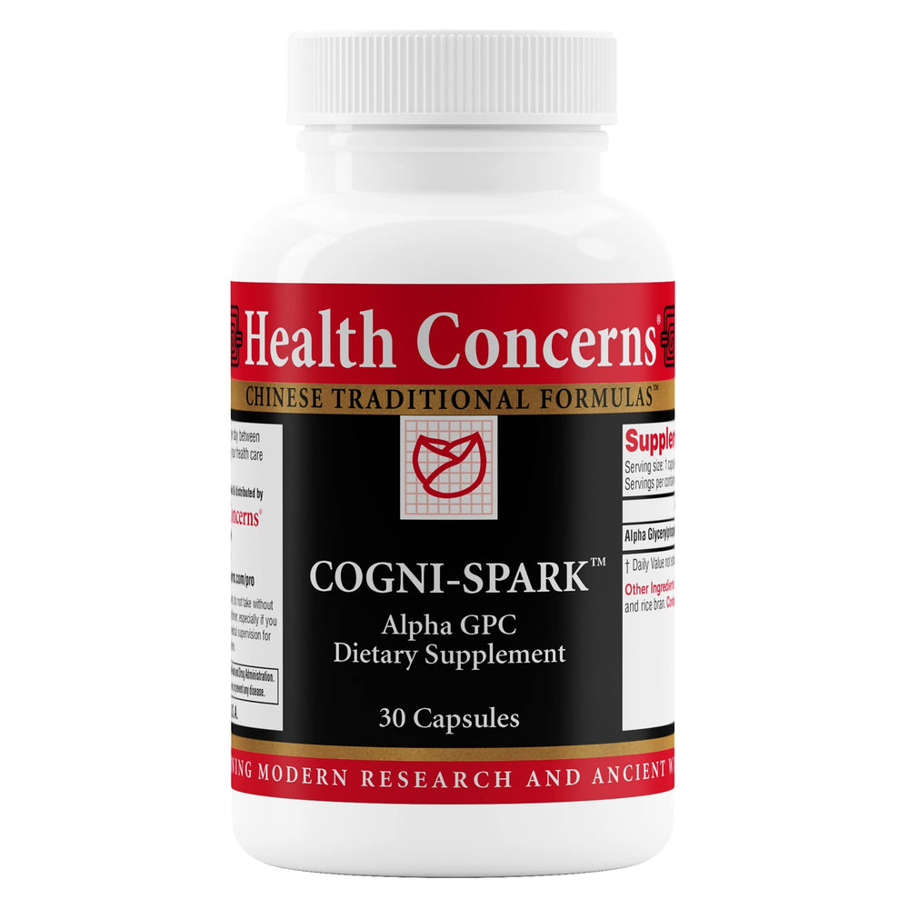 Health Concerns Cogni-Spark bottle label signaling daily cognition support for brain health
