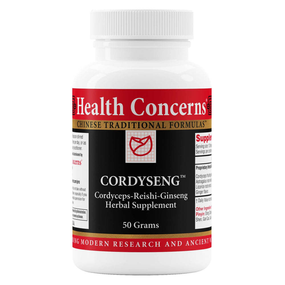 Health Concerns CordySeng powder tin shown for daily immune support