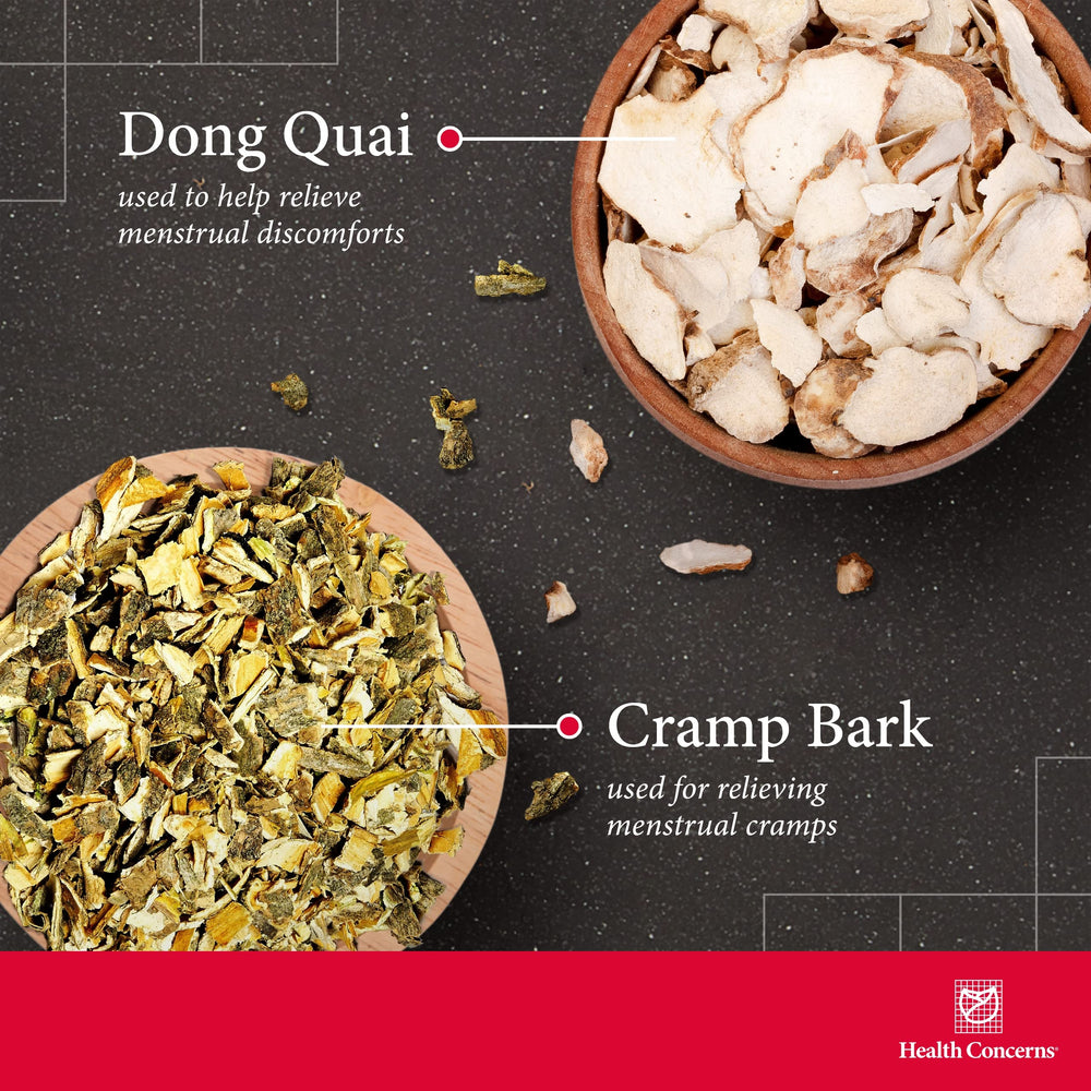 Health Concerns Cramp Bark Plus bottle label highlighting herbal ingredients and usage